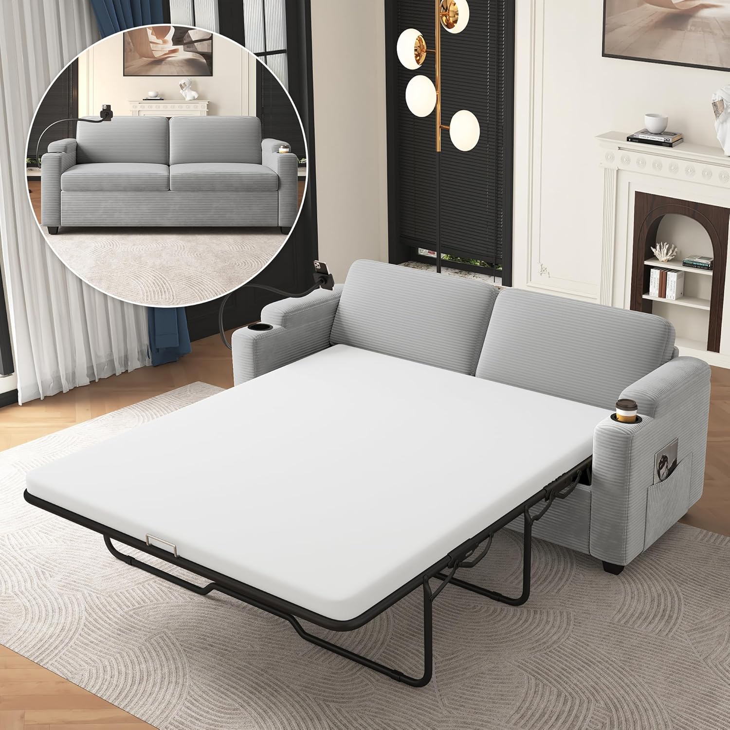 Sofá cama de pana de 72.8 pulgadas con colchón tamaño matrimonial, sofás futón con puertos USB, teléfono y portavasos, bolsillos laterales, sofá extraíble para sala de estar, sofá biplaza pequeño, gris