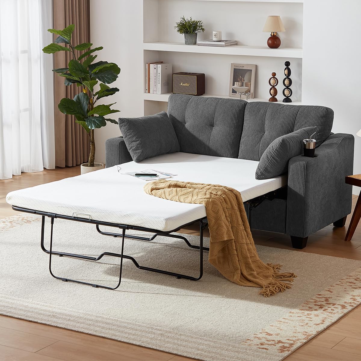 Full Size Pull Out Sleeper Sofa Bed, Pullout Loveseat Couch Bed, Dark Grey