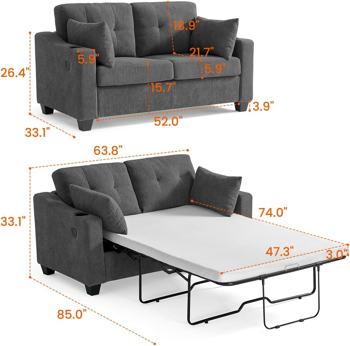 Full Size Pull Out Sleeper Sofa Bed, Pullout Loveseat Couch Bed, Dark Grey