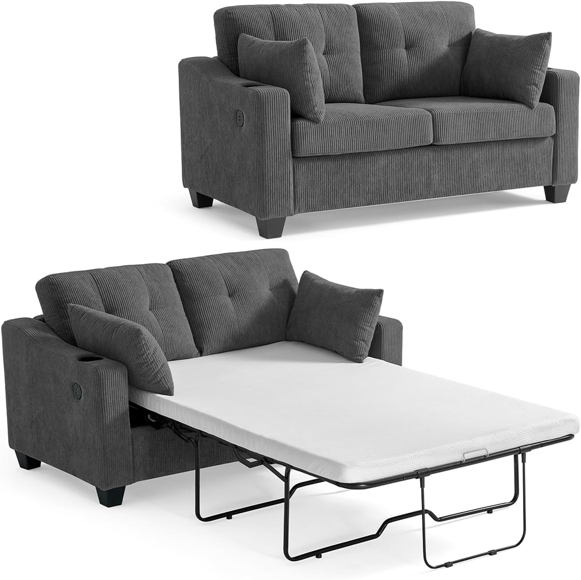 Full Size Pull Out Sleeper Sofa Bed, Pullout Loveseat Couch Bed, Dark Grey