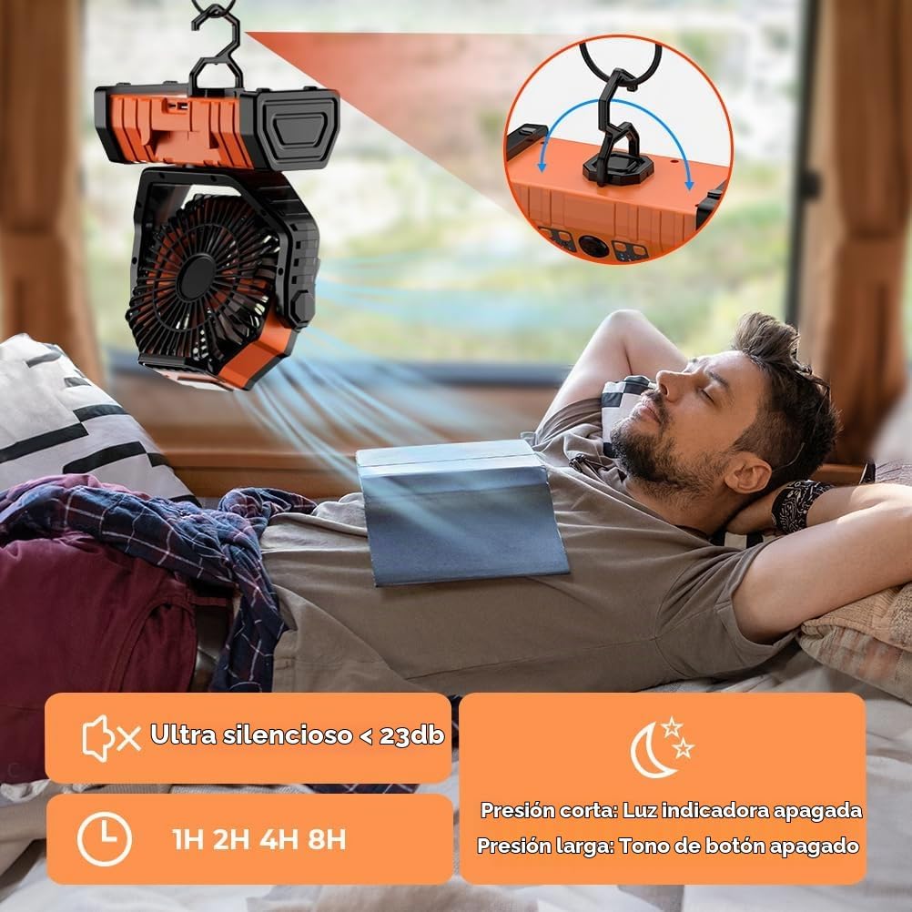 Ventilador de camping – Ventilador de batería de 20000 mAh recargable con linterna LED – Ventiladores portátiles para tienda de campaña al aire libre con gancho para colgar 4 velocidades control remoto de viento, negro y naranja