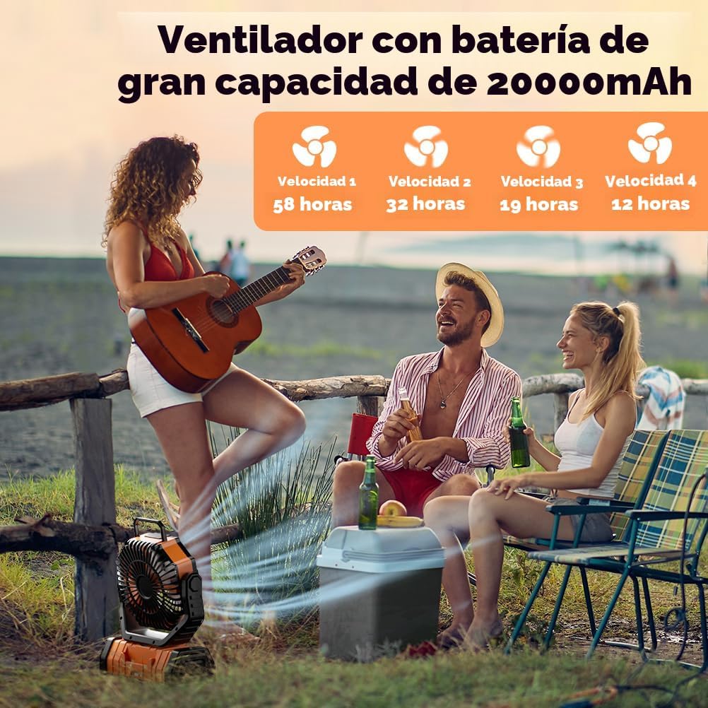 Ventilador de camping – Ventilador de batería de 20000 mAh recargable con linterna LED – Ventiladores portátiles para tienda de campaña al aire libre con gancho para colgar 4 velocidades control remoto de viento, negro y naranja