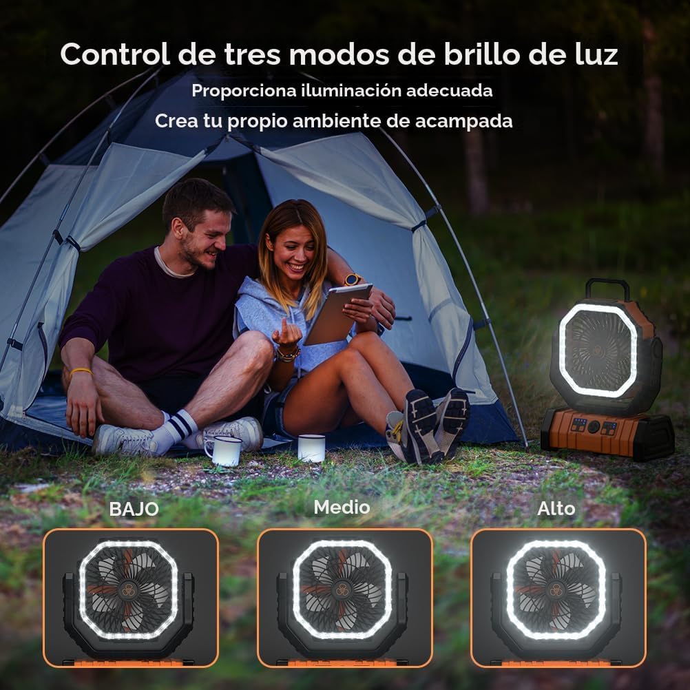 Ventilador de camping – Ventilador de batería de 20000 mAh recargable con linterna LED – Ventiladores portátiles para tienda de campaña al aire libre con gancho para colgar 4 velocidades control remoto de viento, negro y naranja
