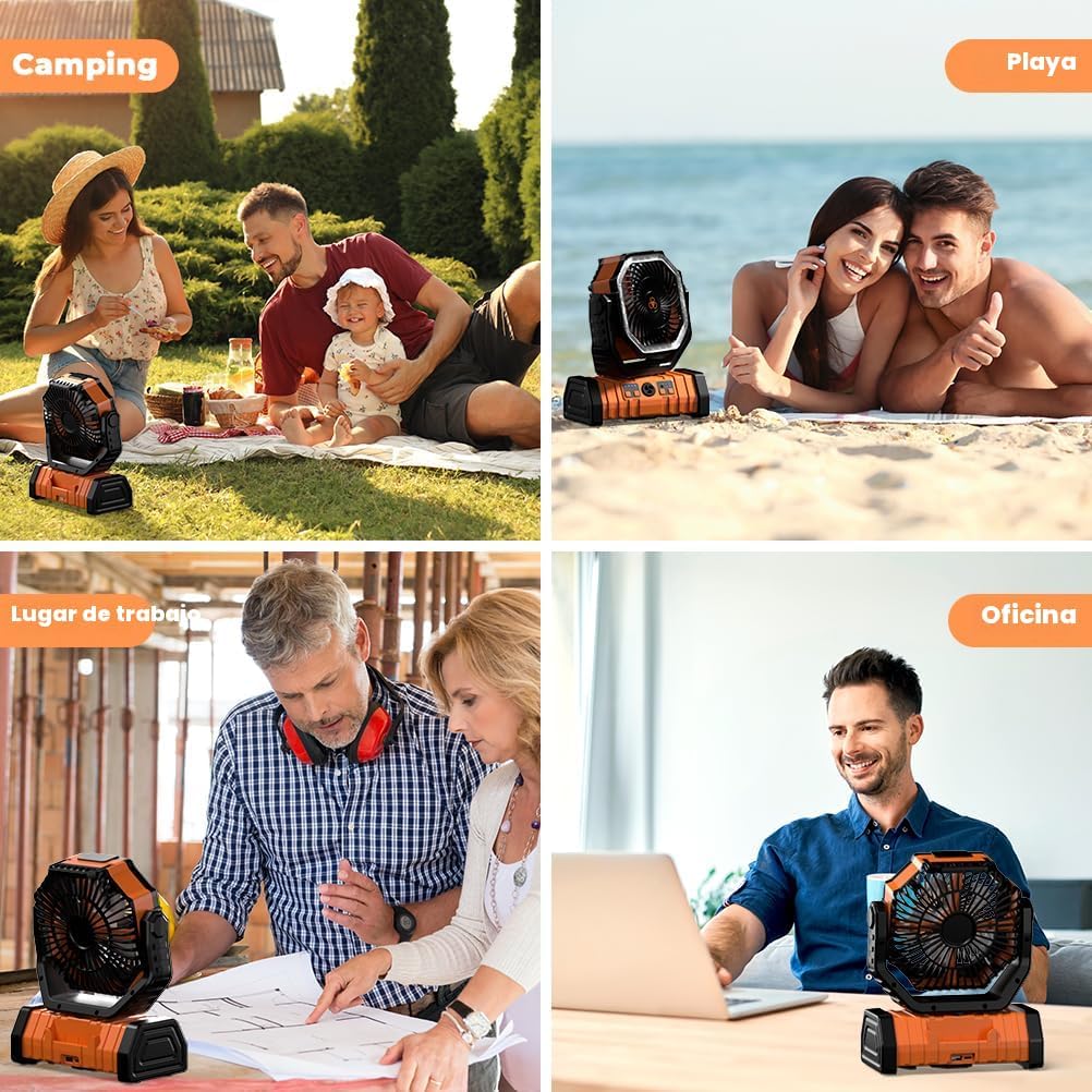 Ventilador de camping – Ventilador de batería de 20000 mAh recargable con linterna LED – Ventiladores portátiles para tienda de campaña al aire libre con gancho para colgar 4 velocidades control remoto de viento, negro y naranja