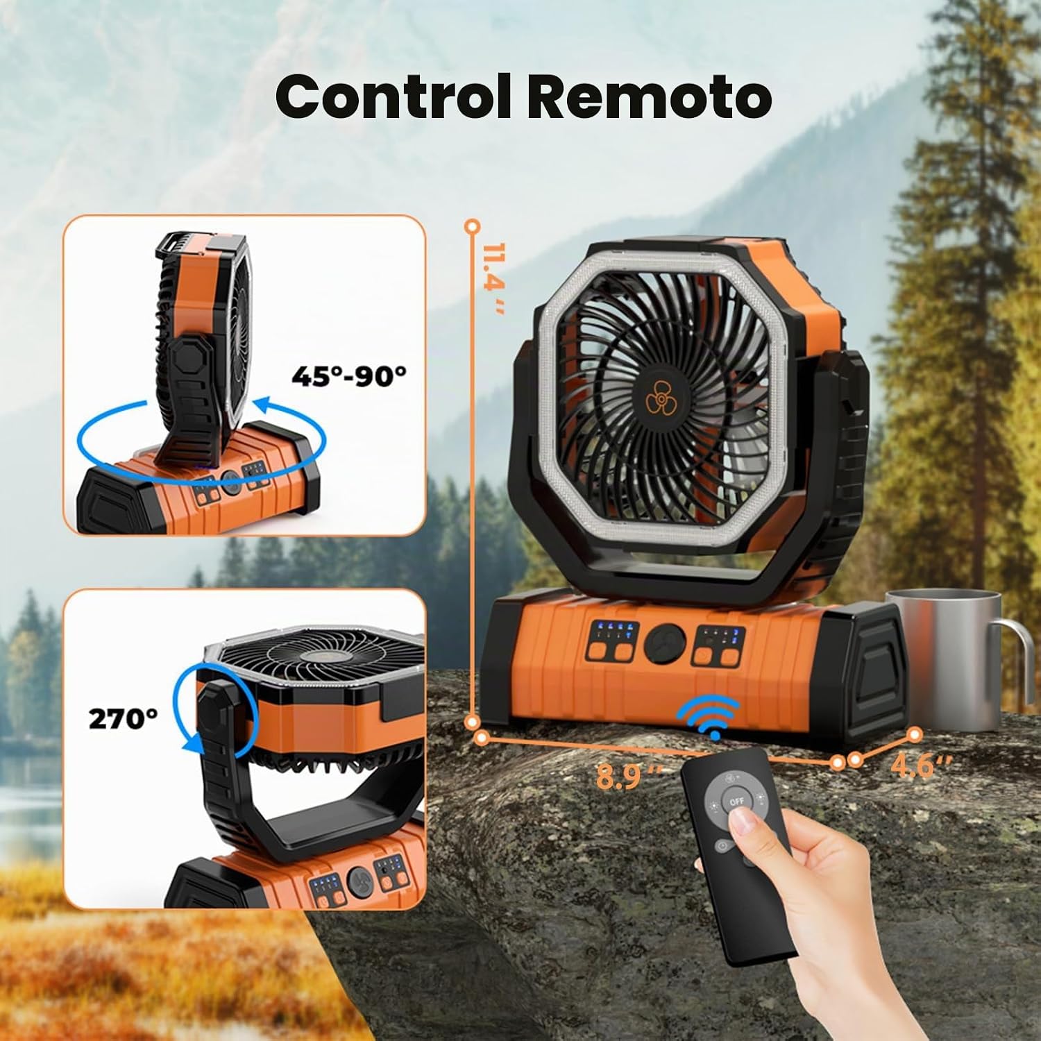 Ventilador de camping – Ventilador de batería de 20000 mAh recargable con linterna LED – Ventiladores portátiles para tienda de campaña al aire libre con gancho para colgar 4 velocidades control remoto de viento, negro y naranja