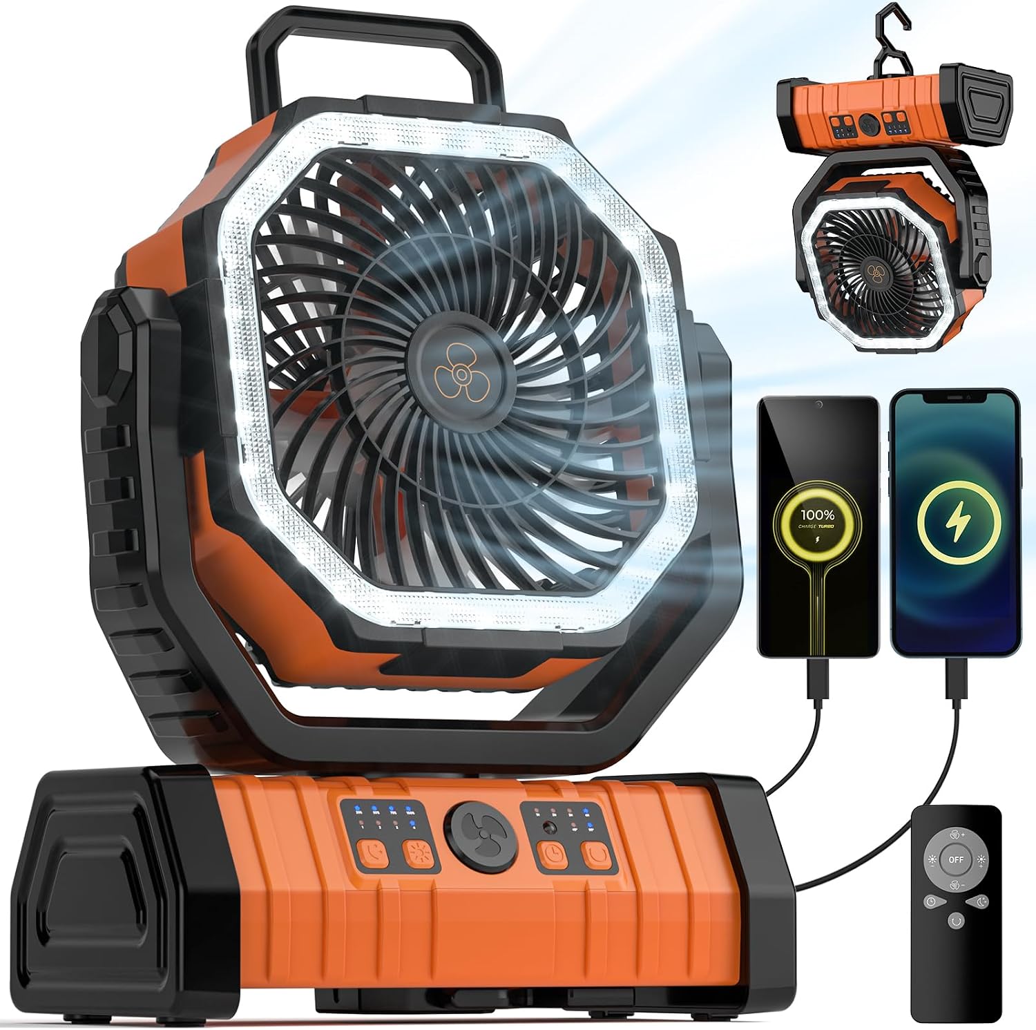 Ventilador de camping – Ventilador de batería de 20000 mAh recargable con linterna LED – Ventiladores portátiles para tienda de campaña al aire libre con gancho para colgar 4 velocidades control remoto de viento, negro y naranja