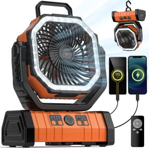Ventilador de camping – Ventilador de batería de 20000 mAh recargable con linterna LED – Ventiladores portátiles para tienda de campaña al aire libre con gancho para colgar 4 velocidades control remoto de viento, negro y naranja