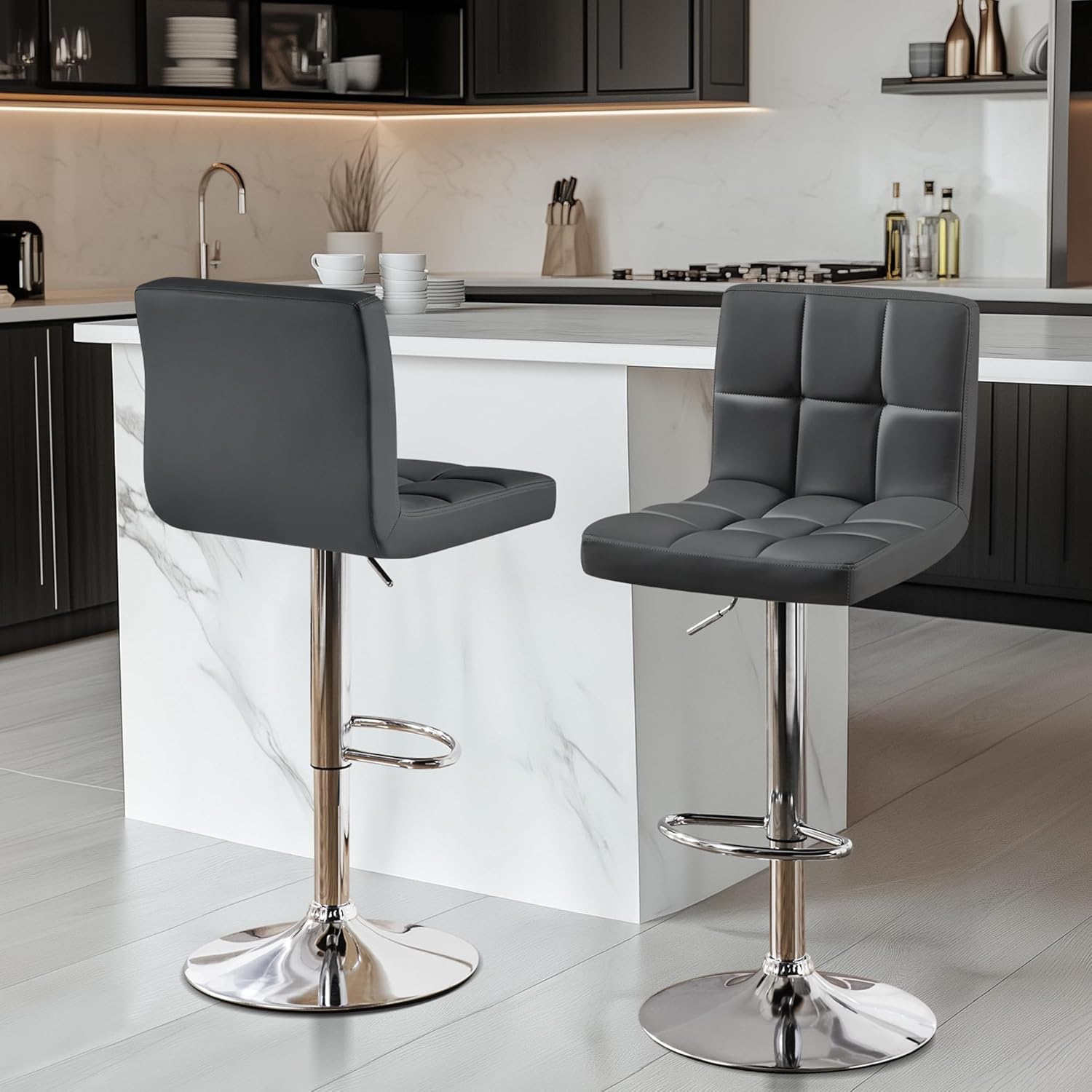 Juego de 2 banquetas de bar ajustables de piel sintética, taburetes de mostrador modernos con respaldo y reposapiés, taburetes de bar de altura de mostrador para bar, cocina, comedor, gris