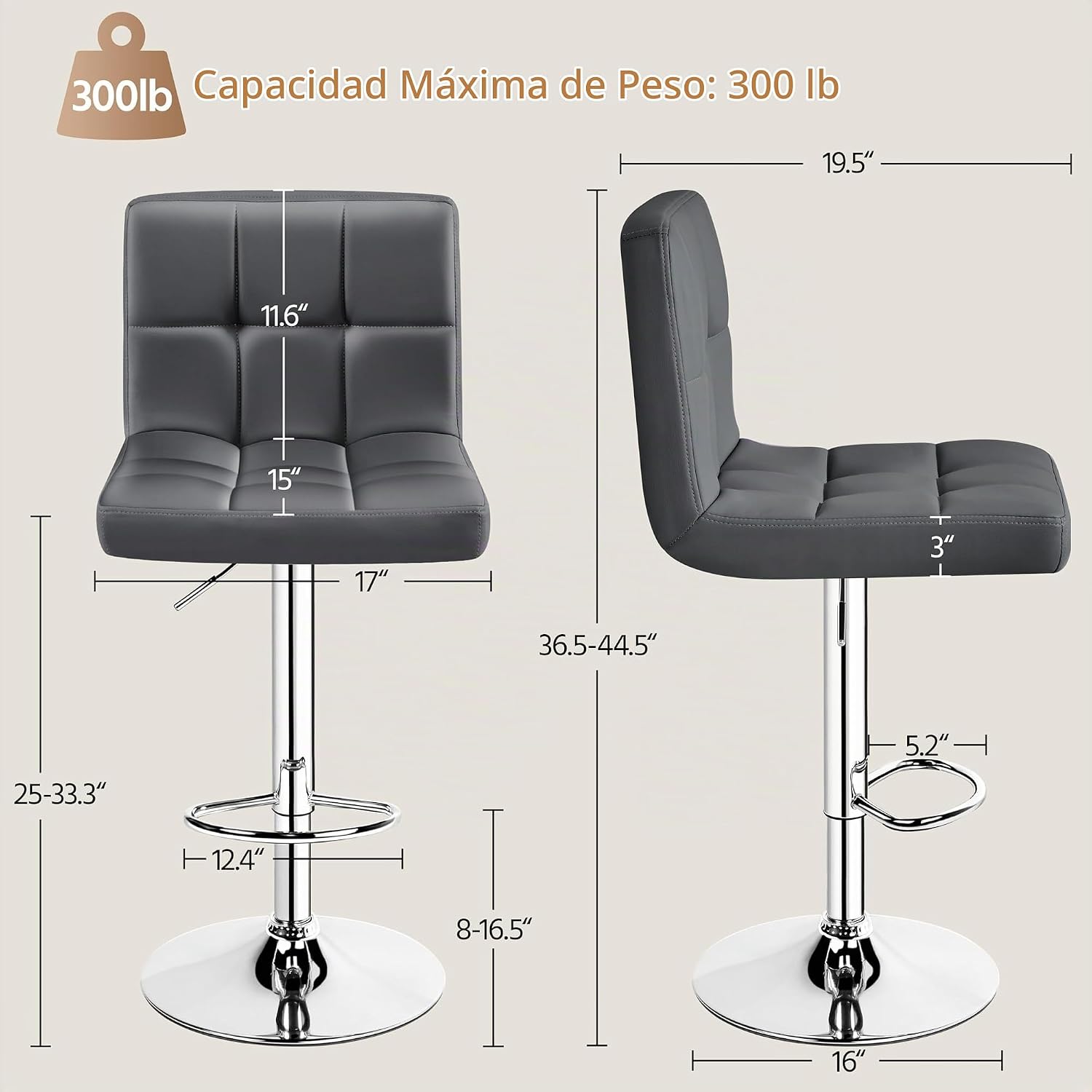 Juego de 2 banquetas de bar ajustables de piel sintética, taburetes de mostrador modernos con respaldo y reposapiés, taburetes de bar de altura de mostrador para bar, cocina, comedor, gris