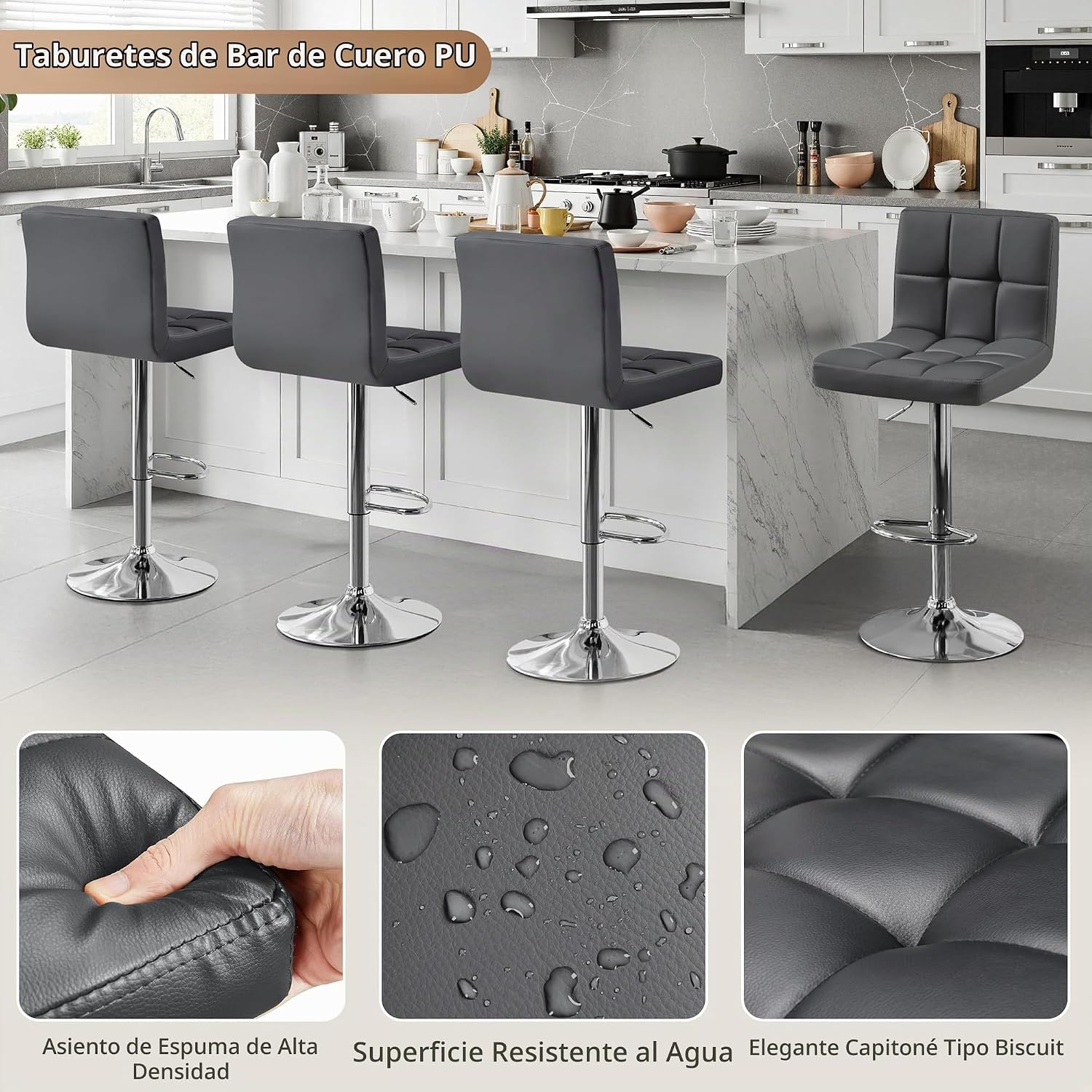 Juego de 2 banquetas de bar ajustables de piel sintética, taburetes de mostrador modernos con respaldo y reposapiés, taburetes de bar de altura de mostrador para bar, cocina, comedor, gris
