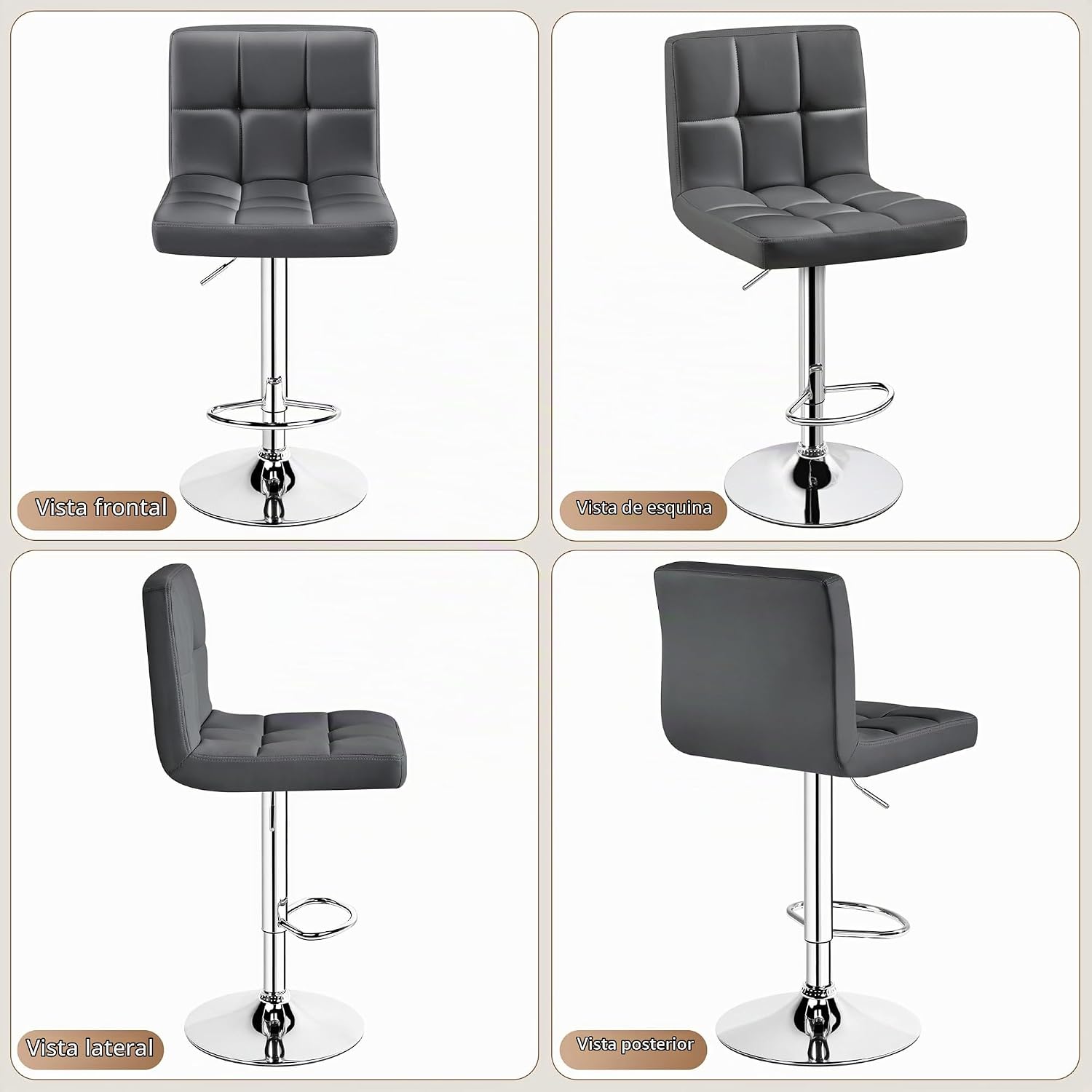Juego de 2 banquetas de bar ajustables de piel sintética, taburetes de mostrador modernos con respaldo y reposapiés, taburetes de bar de altura de mostrador para bar, cocina, comedor, gris