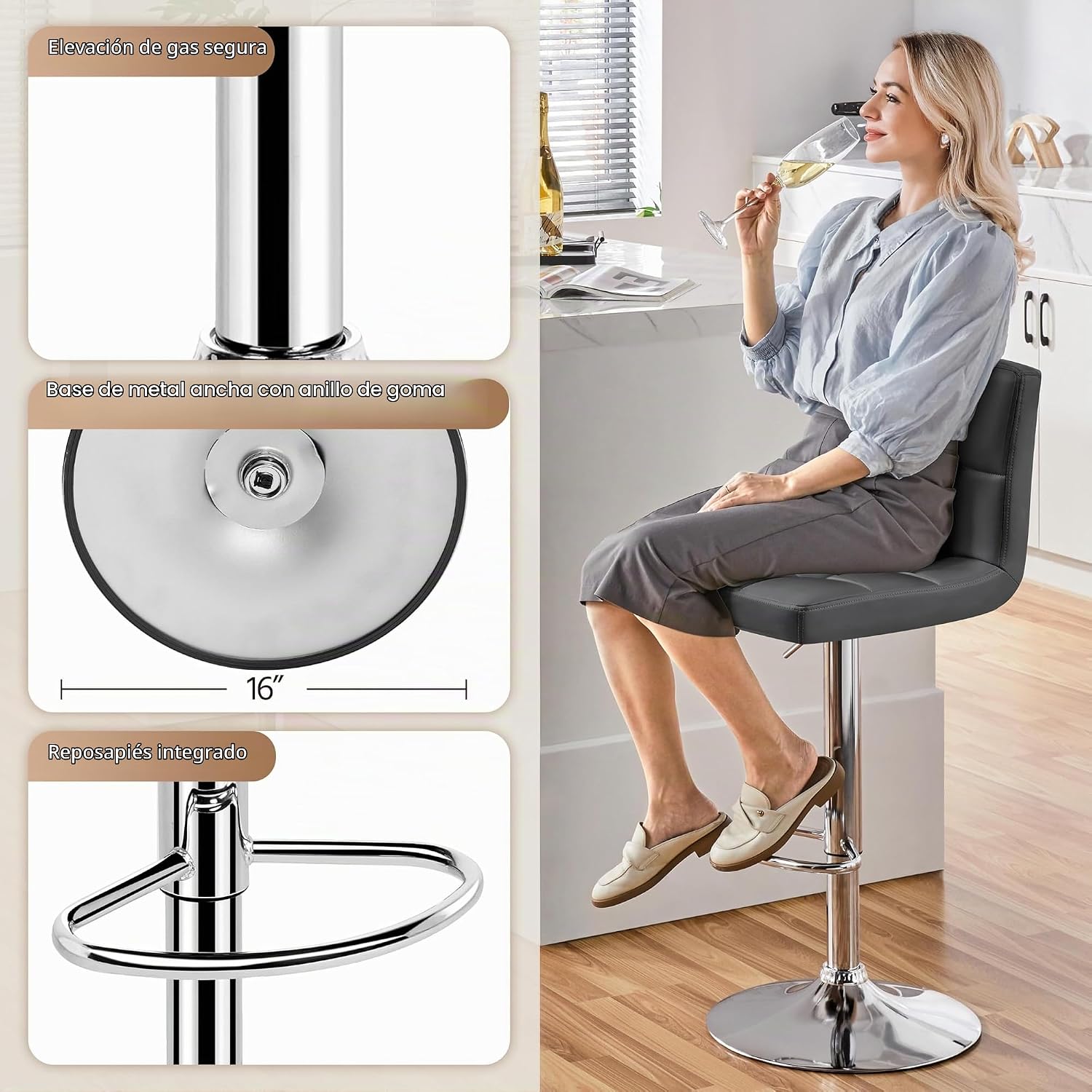 Juego de 2 banquetas de bar ajustables de piel sintética, taburetes de mostrador modernos con respaldo y reposapiés, taburetes de bar de altura de mostrador para bar, cocina, comedor, gris