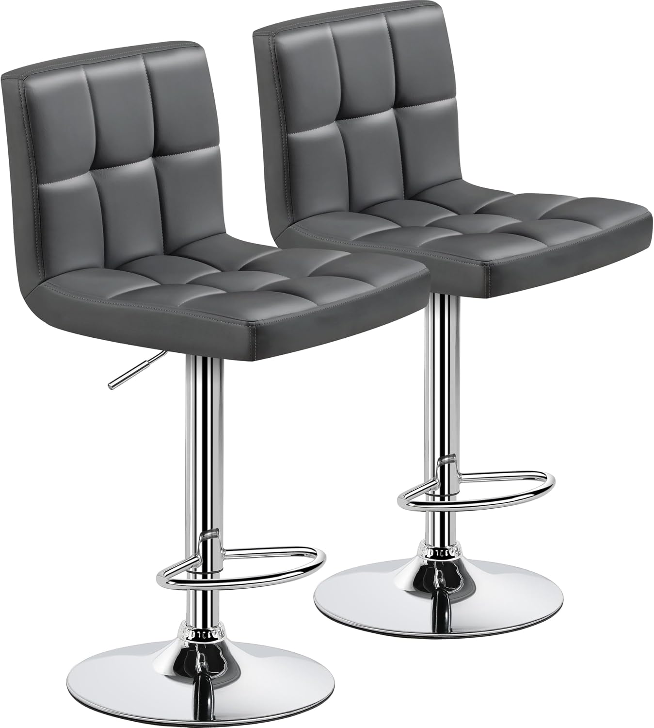 Juego de 2 banquetas de bar ajustables de piel sintética, taburetes de mostrador modernos con respaldo y reposapiés, taburetes de bar de altura de mostrador para bar, cocina, comedor, gris