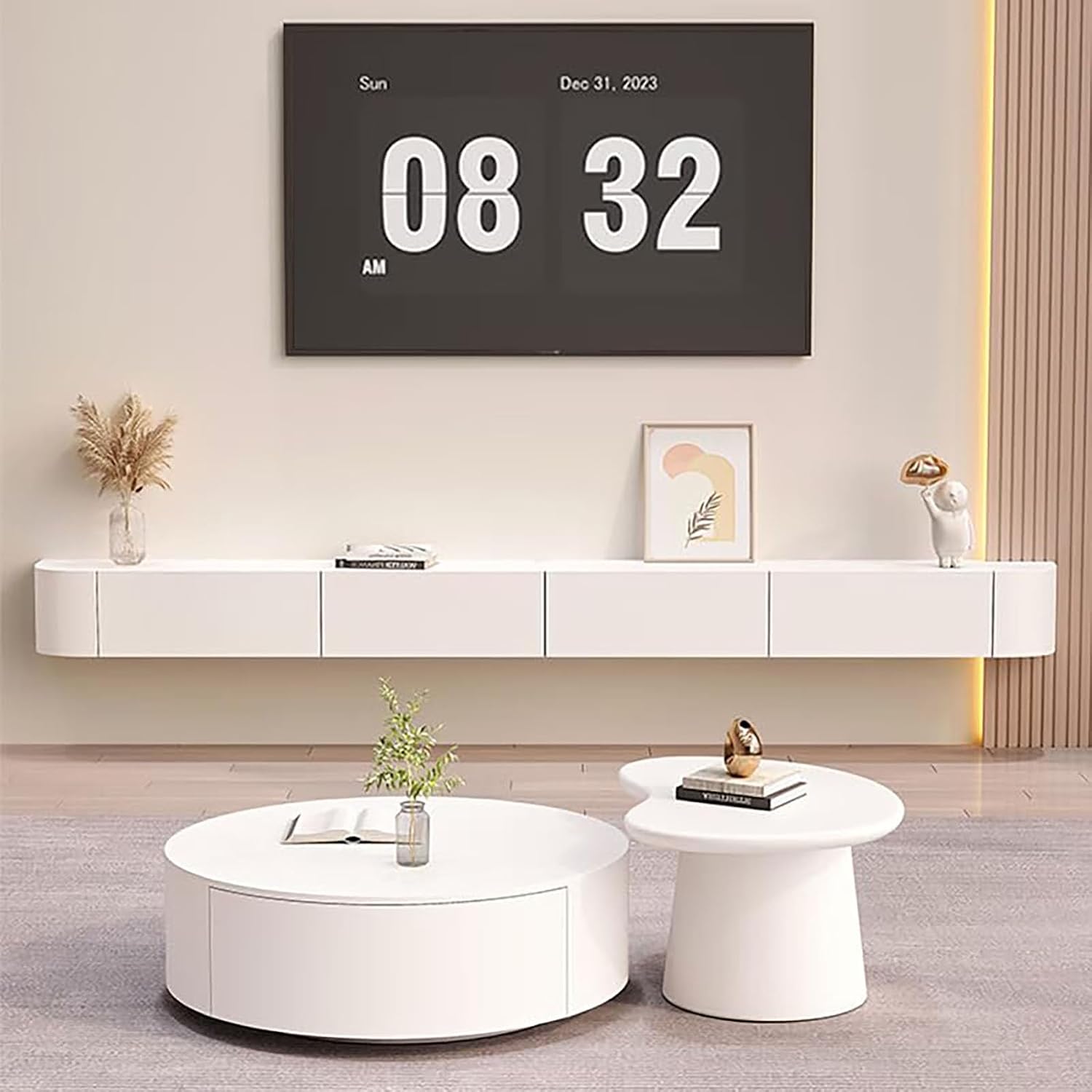Soporte de TV flotante, consola multimedia montada en la pared con puertas, armario de TV de almacenamiento grande, soporte de TV contemporáneo de granja para sala de estar y dormitorio (blanco, 87 pulgadas)