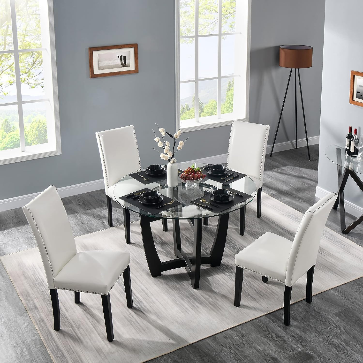 Juego de sillas de mesa de comedor de vidrio templado con 4 sillas tapizadas de cuero, mesa de cocina redonda de 48 pulgadas con tope de vidrio y 4 sillas laterales de mesa para comedor, cocina en