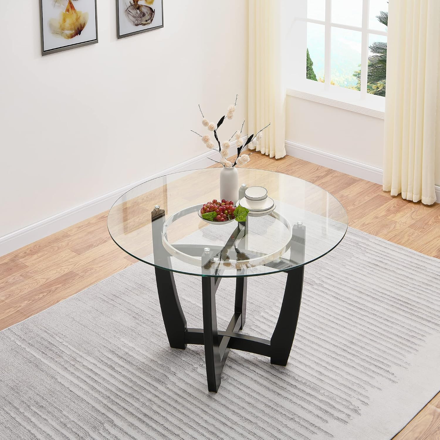 Juego de sillas de mesa de comedor de vidrio templado con 4 sillas tapizadas de cuero, mesa de cocina redonda de 48 pulgadas con tope de vidrio y 4 sillas laterales de mesa para comedor, cocina en