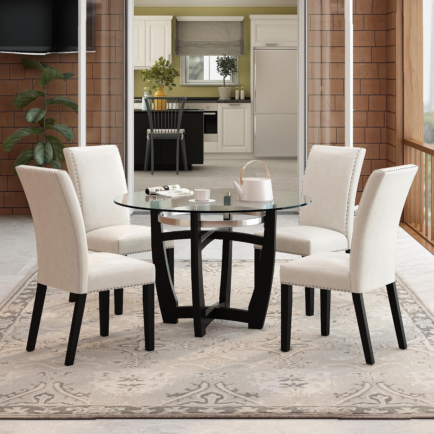 Juego de sillas de mesa de comedor de vidrio templado con 4 sillas tapizadas de cuero, mesa de cocina redonda de 48 pulgadas con tope de vidrio y 4 sillas laterales de mesa para comedor, cocina en