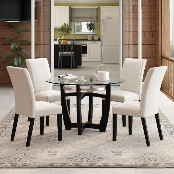 Juego de sillas de mesa de comedor de vidrio templado con 4 sillas tapizadas de cuero, mesa de cocina redonda de 48 pulgadas con tope de vidrio y 4 sillas laterales de mesa para comedor, cocina en