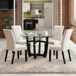 Juego de sillas de mesa de comedor de vidrio templado con 4 sillas tapizadas de cuero, mesa de cocina redonda de 48 pulgadas con tope de vidrio y 4 sillas laterales de mesa para comedor, cocina en