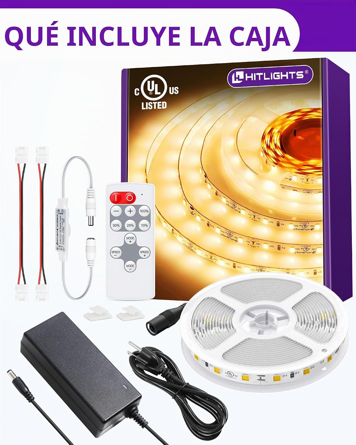 HitLights Kit de tiras de luces LED de color blanco cálido de 3000 K, cinta de luz regulable de 16.4 pies con controlador, fuente de alimentación de 12 V, 600 LEDs/carrete, 300 lúmenes/pies, cuerda de