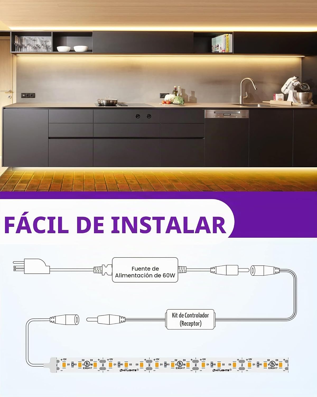 HitLights Kit de tiras de luces LED de color blanco cálido de 3000 K, cinta de luz regulable de 16.4 pies con controlador, fuente de alimentación de 12 V, 600 LEDs/carrete, 300 lúmenes/pies, cuerda de