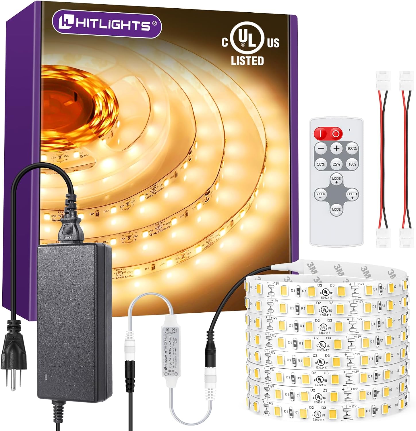 HitLights Kit de tiras de luces LED de color blanco cálido de 3000 K, cinta de luz regulable de 16.4 pies con controlador, fuente de alimentación de 12 V, 600 LEDs/carrete, 300 lúmenes/pies, cuerda de