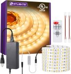HitLights Kit de tiras de luces LED de color blanco cálido de 3000 K, cinta de luz regulable de 16.4 pies con controlador, fuente de alimentación de 12 V, 600 LEDs/carrete, 300 lúmenes/pies, cuerda de
