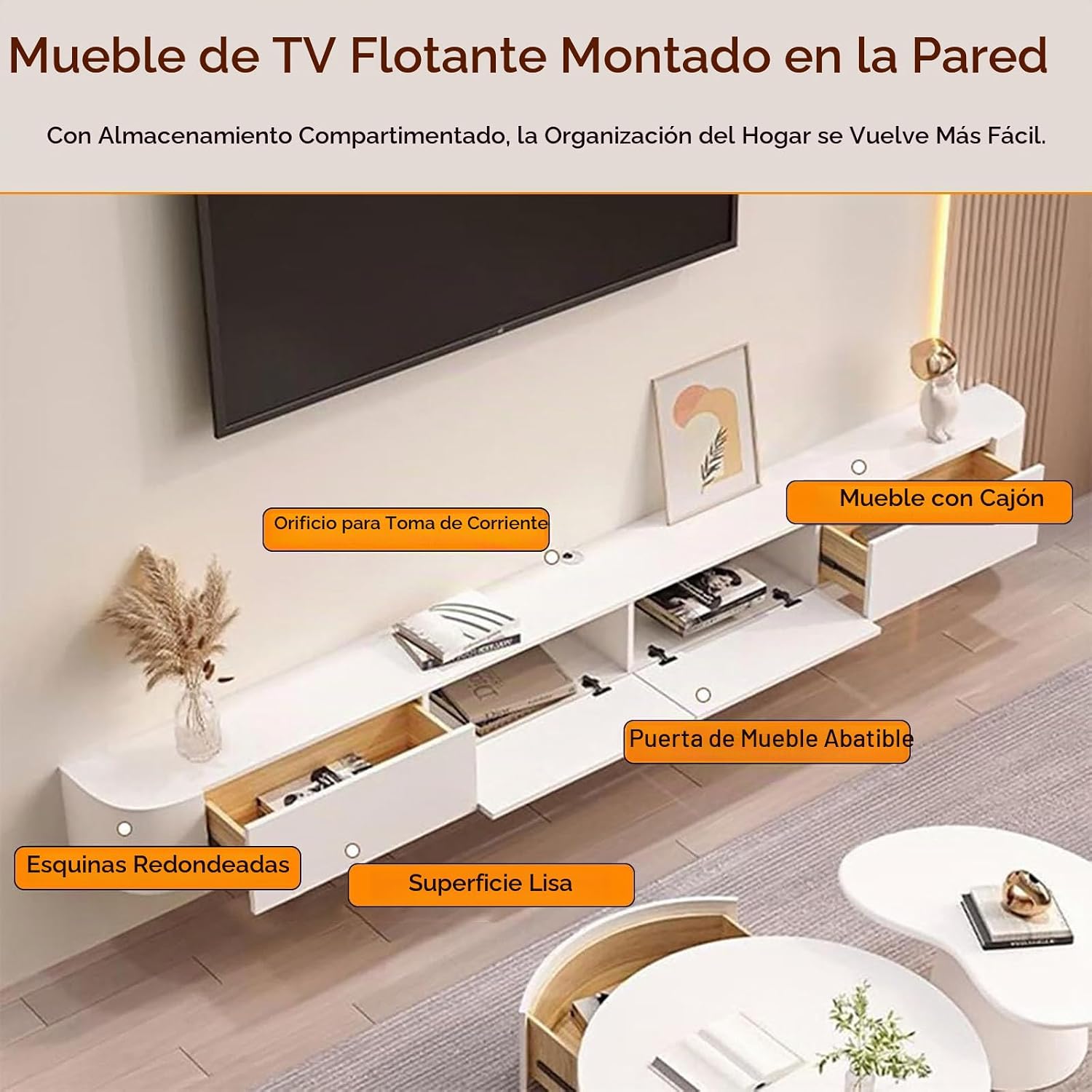 Soporte de TV flotante, consola multimedia montada en la pared con puertas, armario de TV de almacenamiento grande, soporte de TV contemporáneo de granja para sala de estar y dormitorio (blanco, 55 pulgadas)