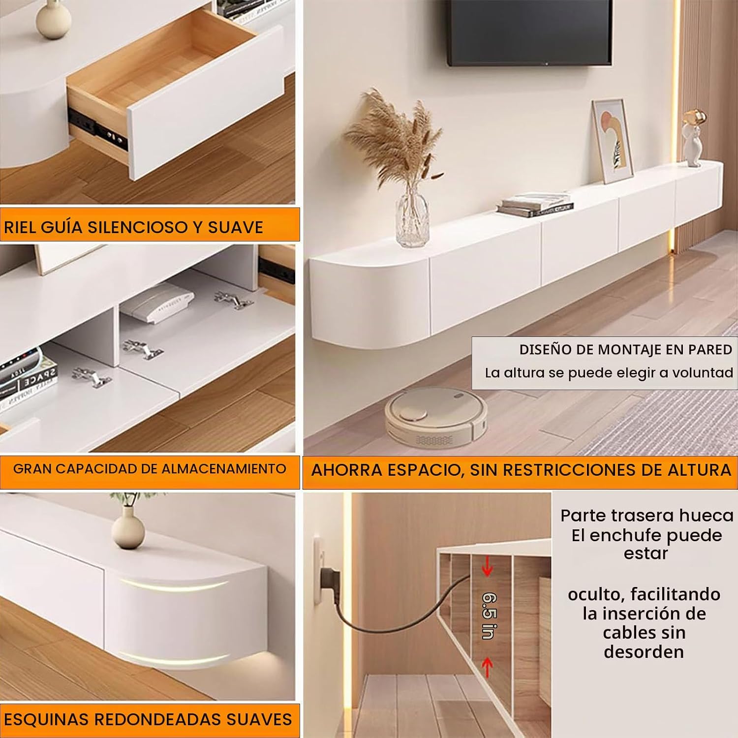 Soporte de TV flotante, consola multimedia montada en la pared con puertas, armario de TV de almacenamiento grande, soporte de TV contemporáneo de granja para sala de estar y dormitorio (blanco, 55 pulgadas)