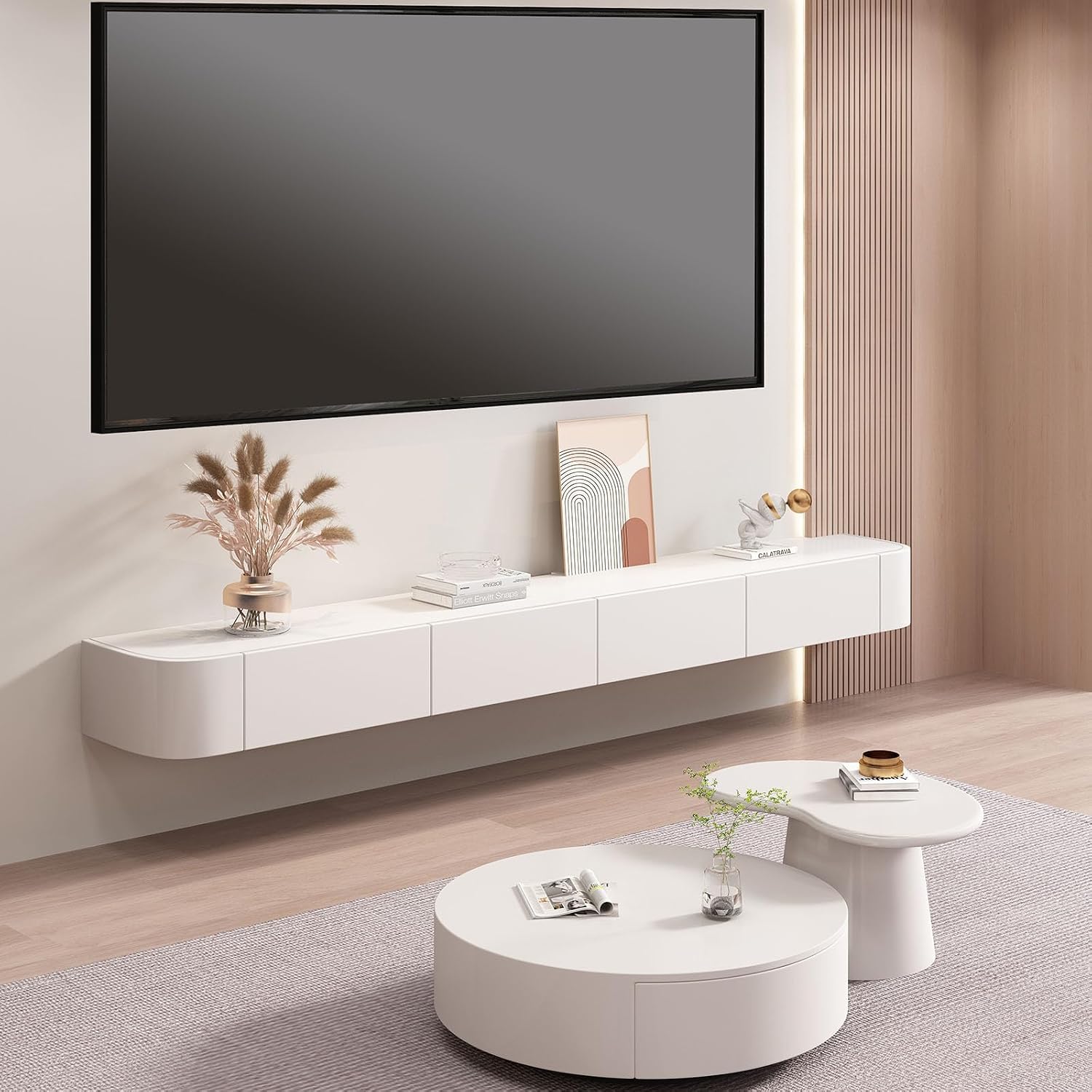 Soporte de TV flotante, consola multimedia montada en la pared con puertas, armario de TV de almacenamiento grande, soporte de TV contemporáneo de granja para sala de estar y dormitorio (blanco, 55 pulgadas)