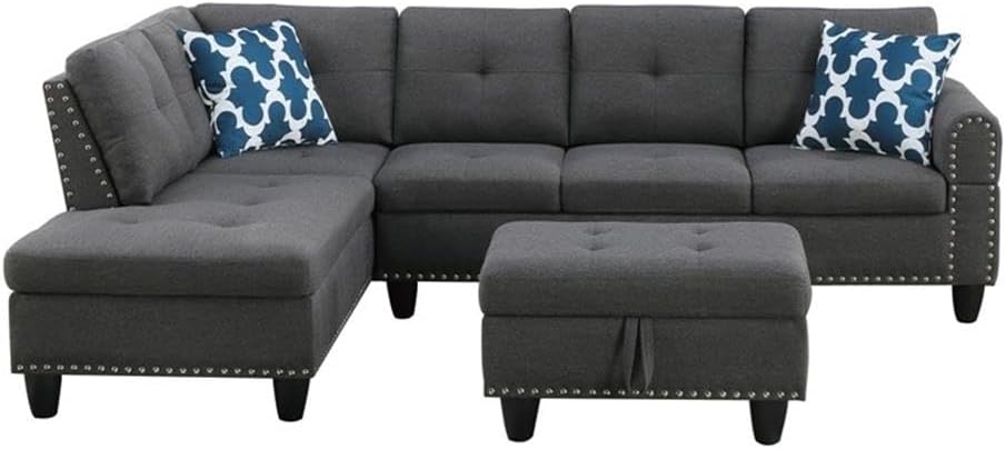Sofá seccional de tela de poliéster con otomana de almacenamiento elevable, diseño copetudo, acabado gris