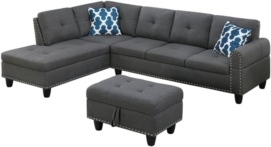 Sofá seccional de tela de poliéster con otomana de almacenamiento elevable, diseño copetudo, acabado gris
