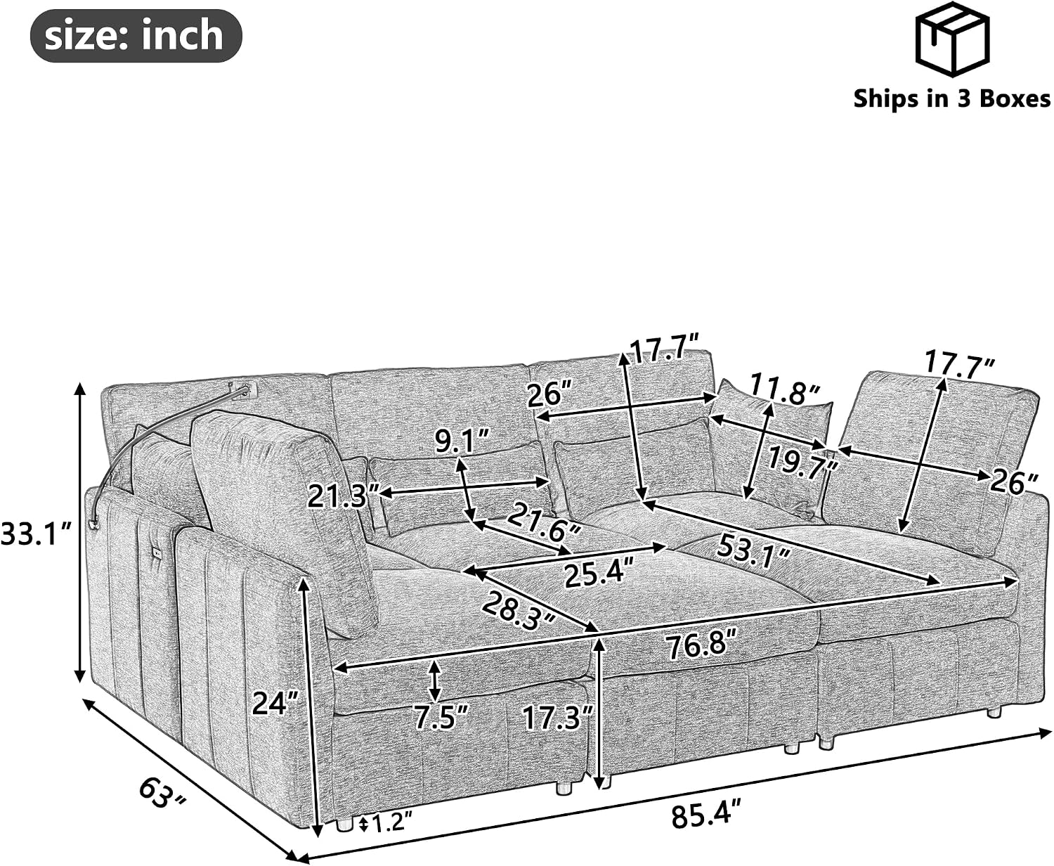 Sofá modular en forma de U de 85.4 pulgadas con otomana y 2 USB, sofá de asiento profundo de felpilla de 5 asientos con soporte para teléfono para sala de estar, dormitorio y apartamento, color