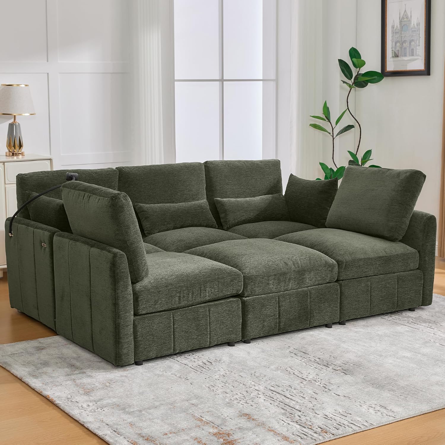 Sofá modular en forma de U de 85.4 pulgadas con otomana y 2 USB, sofá de asiento profundo de felpilla de 5 asientos con soporte para teléfono para sala de estar, dormitorio y apartamento, color
