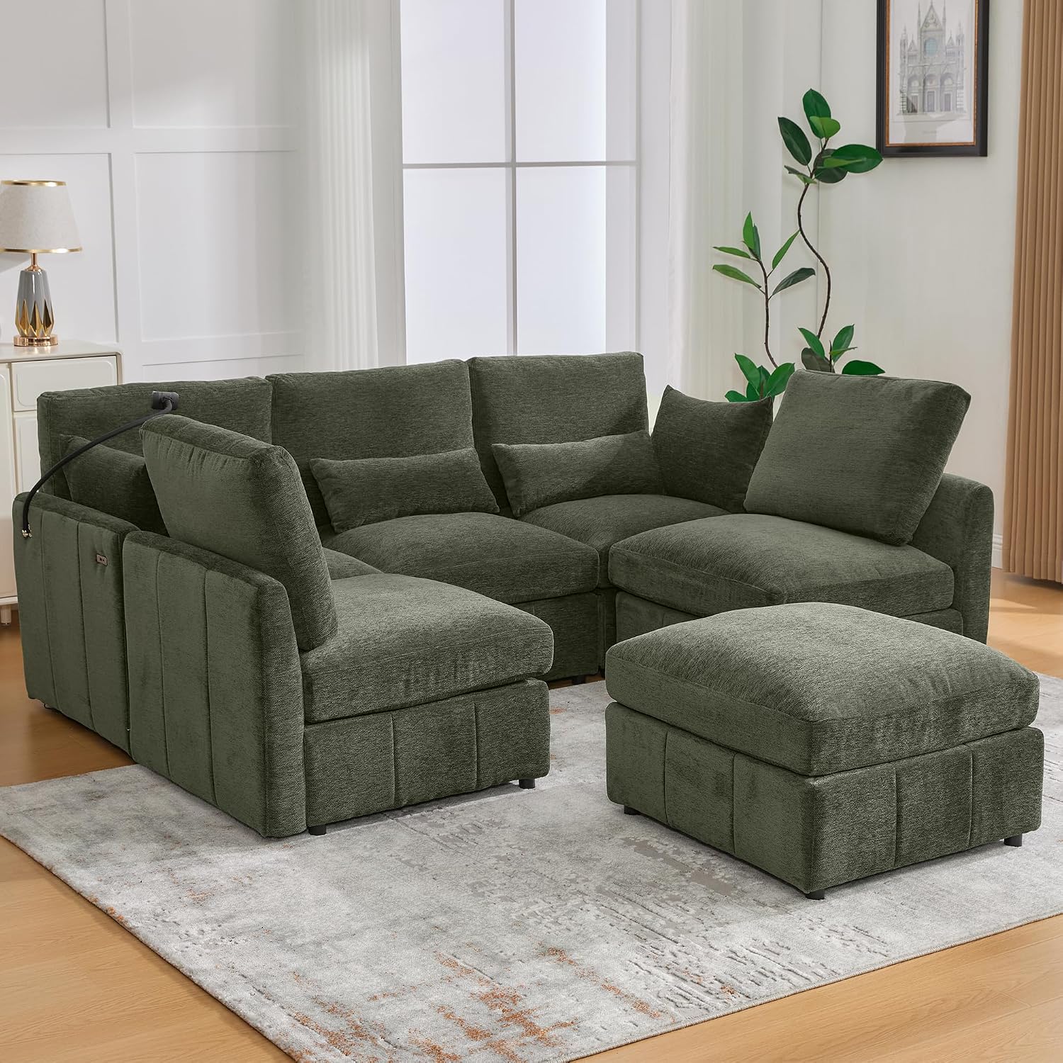 Sofá modular en forma de U de 85.4 pulgadas con otomana y 2 USB, sofá de asiento profundo de felpilla de 5 asientos con soporte para teléfono para sala de estar, dormitorio y apartamento, color