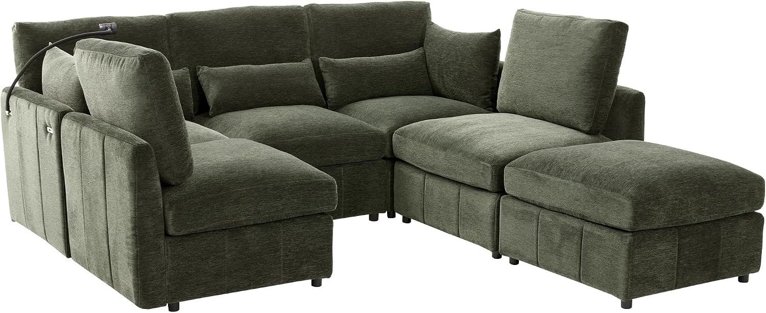 Sofá modular en forma de U de 85.4 pulgadas con otomana y 2 USB, sofá de asiento profundo de felpilla de 5 asientos con soporte para teléfono para sala de estar, dormitorio y apartamento, color