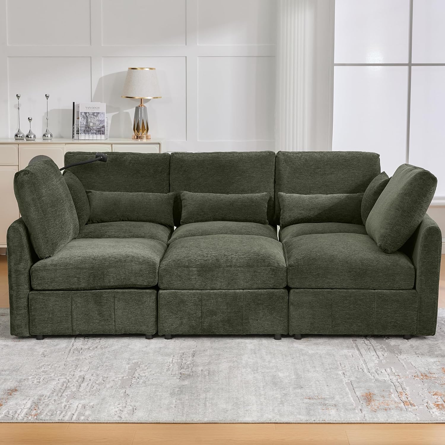 Sofá modular en forma de U de 85.4 pulgadas con otomana y 2 USB, sofá de asiento profundo de felpilla de 5 asientos con soporte para teléfono para sala de estar, dormitorio y apartamento, color