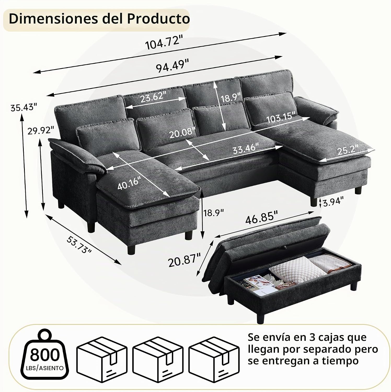 Juego de sofá nube en forma de U de 105 pulgadas con otomana de almacenamiento largo, cómodo sofá modular de chenilla, almohadas lumbares, diván doble, asiento profundo, sofás modernos de 4 plazas