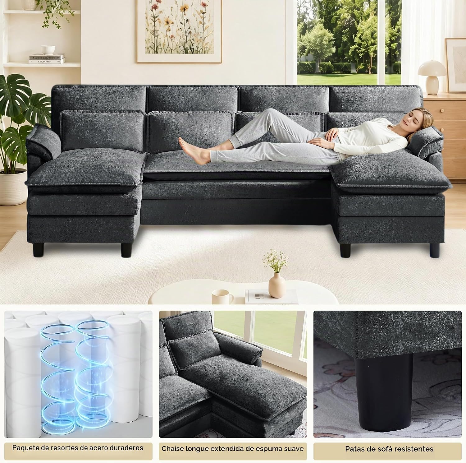 Juego de sofá nube en forma de U de 105 pulgadas con otomana de almacenamiento largo, cómodo sofá modular de chenilla, almohadas lumbares, diván doble, asiento profundo, sofás modernos de 4 plazas