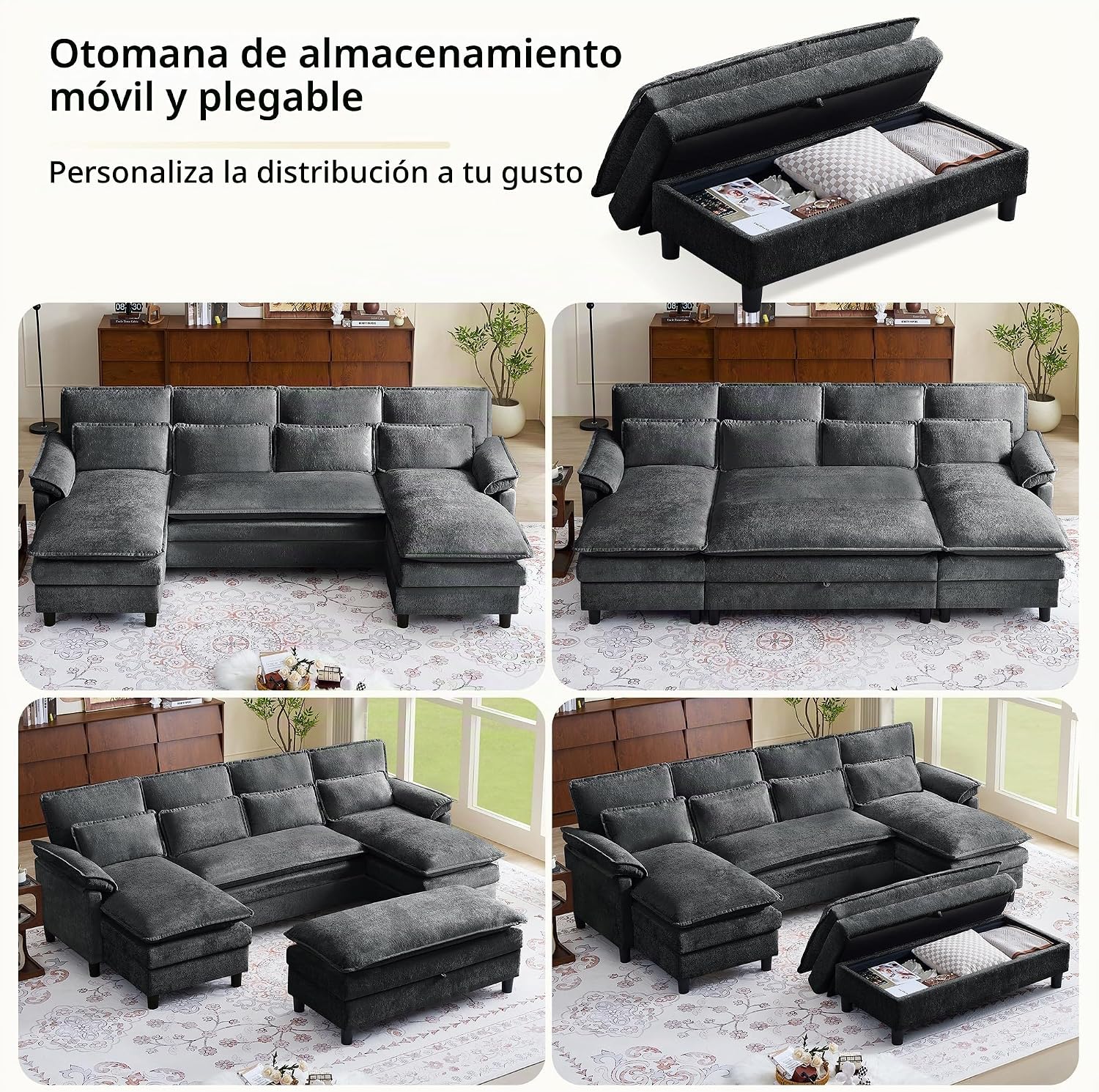Juego de sofá nube en forma de U de 105 pulgadas con otomana de almacenamiento largo, cómodo sofá modular de chenilla, almohadas lumbares, diván doble, asiento profundo, sofás modernos de 4 plazas