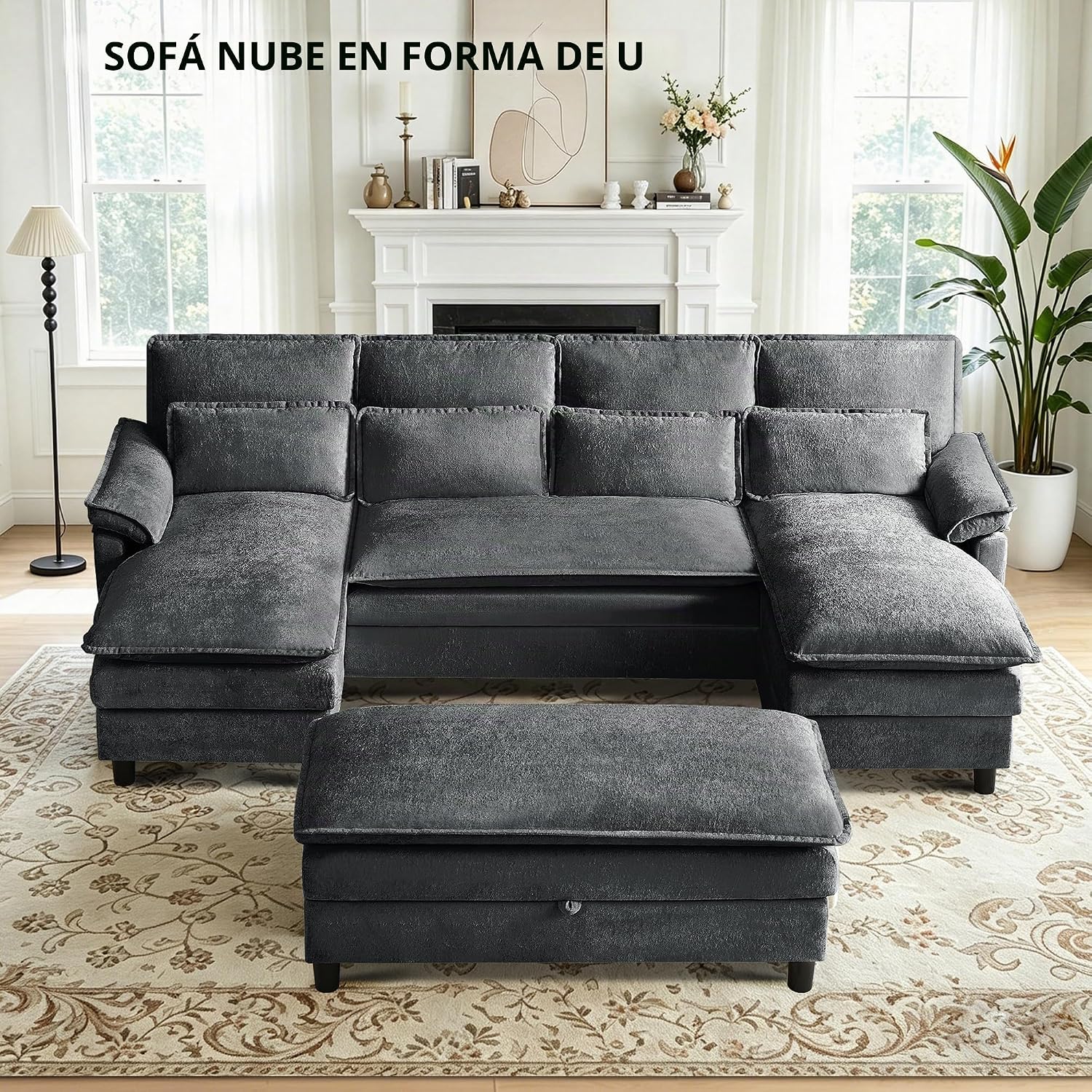 Juego de sofá nube en forma de U de 105 pulgadas con otomana de almacenamiento largo, cómodo sofá modular de chenilla, almohadas lumbares, diván doble, asiento profundo, sofás modernos de 4 plazas