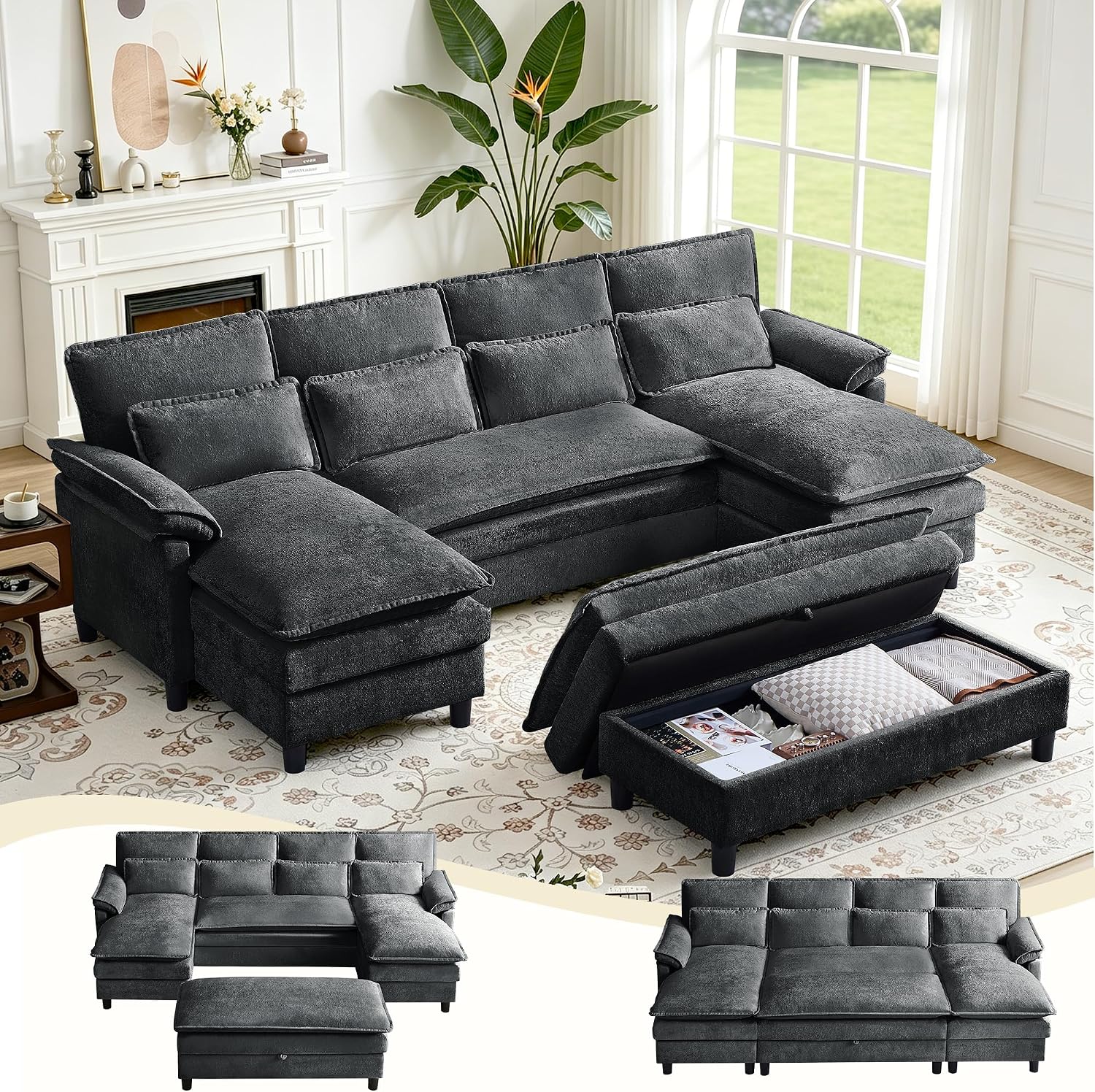 Juego de sofá nube en forma de U de 105 pulgadas con otomana de almacenamiento largo, cómodo sofá modular de chenilla, almohadas lumbares, diván doble, asiento profundo, sofás modernos de 4 plazas