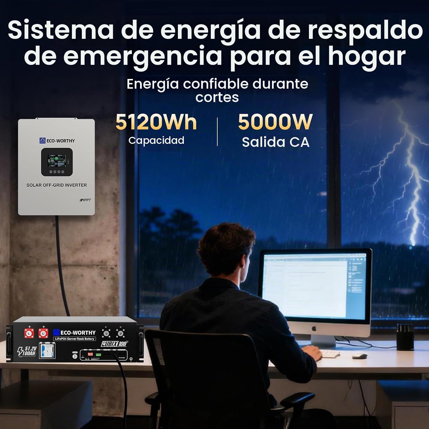 ECO-WORTHY - Estación generadora de energía doméstica de respaldo, batería LiFePO4 de 5120 Wh con soporte de comunicación, Bluetooth y WiFi, inversor de CA 5000 W, carga rápida de 1 h/2.5 h, para