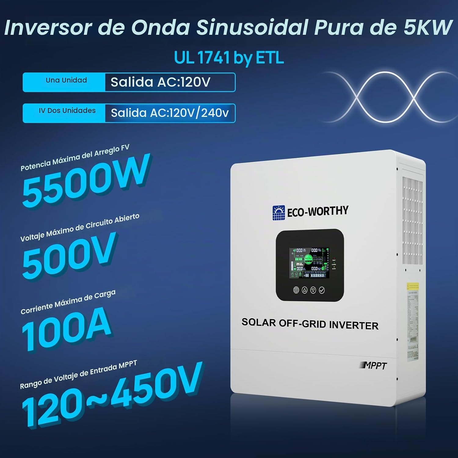 ECO-WORTHY - Estación generadora de energía doméstica de respaldo, batería LiFePO4 de 5120 Wh con soporte de comunicación, Bluetooth y WiFi, inversor de CA 5000 W, carga rápida de 1 h/2.5 h, para