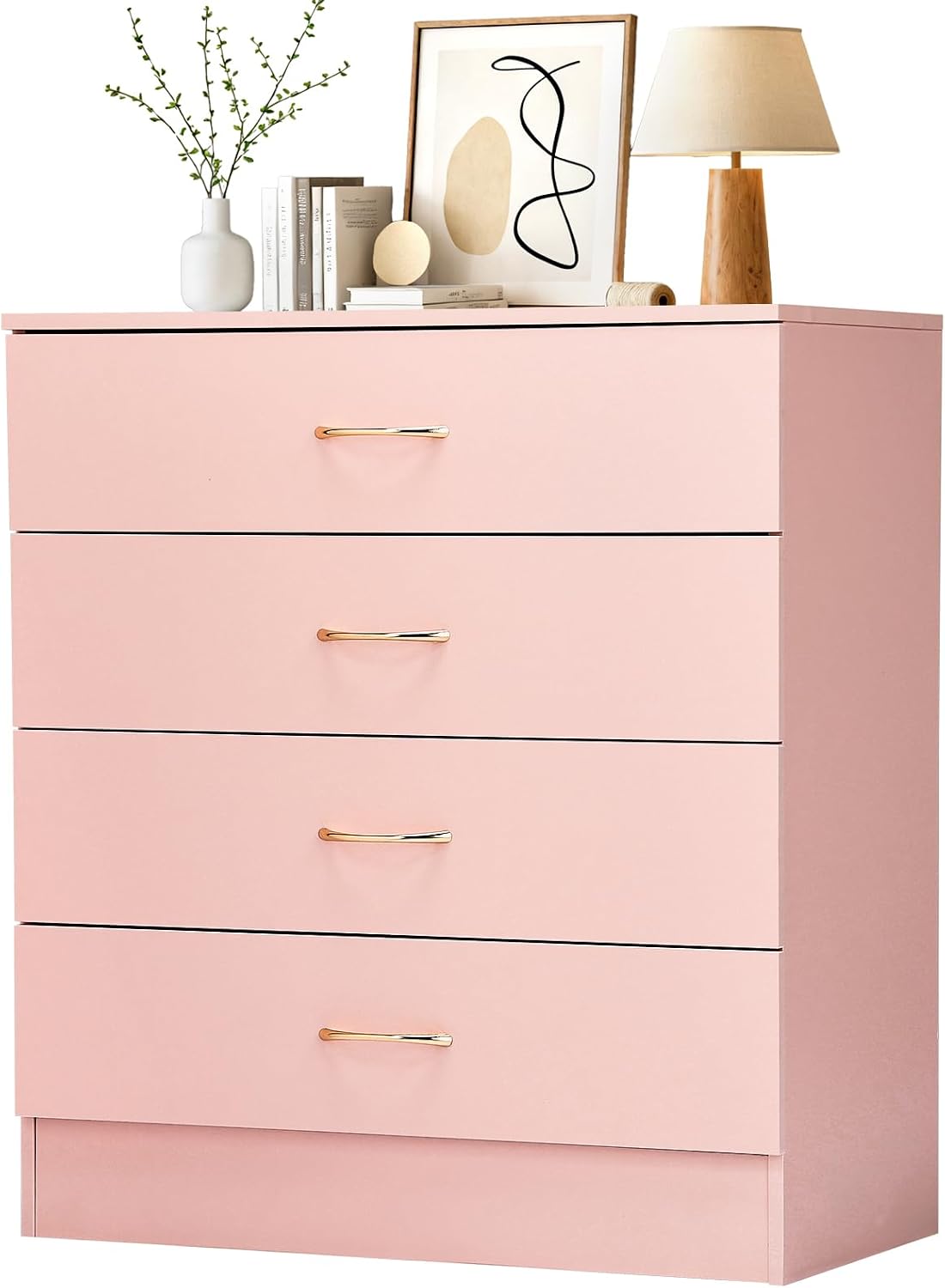 Karl home Cómoda de 4 cajones rosa, cómoda moderna y elegante y moderna mesa de noche de madera, equipada con dispositivo antivuelco, perfecta para familias, adolescentes y adultos