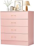 Karl home Cómoda de 4 cajones rosa, cómoda moderna y elegante y moderna mesa de noche de madera, equipada con dispositivo antivuelco, perfecta para familias, adolescentes y adultos