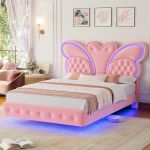 KEYLUV Marco de cama Queen con cabecero tapizado de patrón de mariposa, cama flotante moderna con luces LED, botones acolchados en cabecero y estribo, soporte de listones, no necesita somier, sin