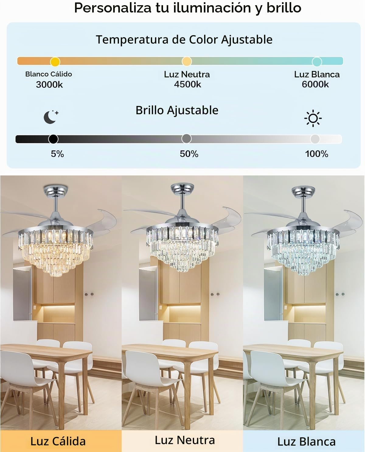 Ventiladores de techo regulables de 52 pulgadas con luces y control remoto, moderno con hoja retráctil, ventilador de techo para dormitorio, comedor, sala de estar