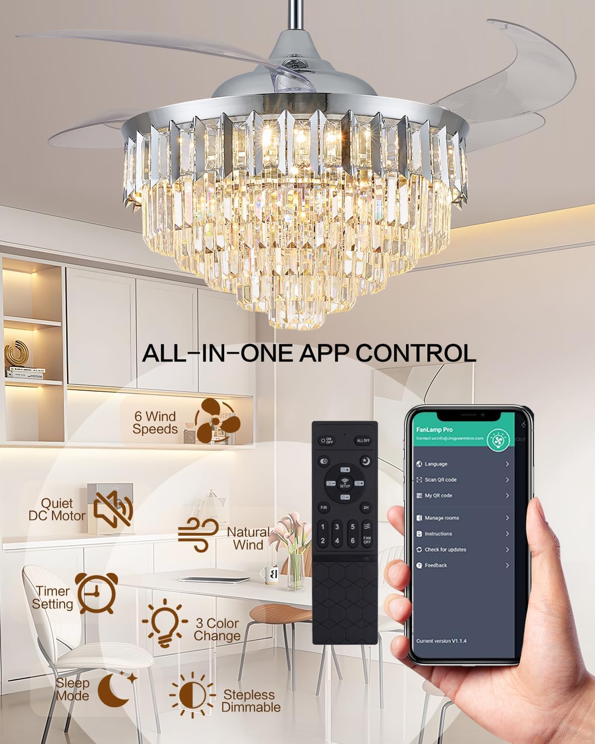 Ventiladores de techo regulables de 52 pulgadas con luces y control remoto, moderno con hoja retráctil, ventilador de techo para dormitorio, comedor, sala de estar