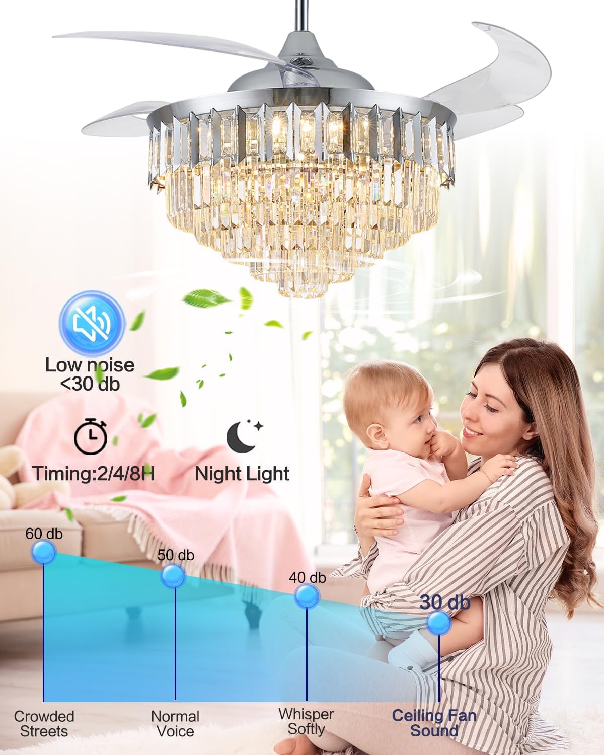 Ventiladores de techo regulables de 52 pulgadas con luces y control remoto, moderno con hoja retráctil, ventilador de techo para dormitorio, comedor, sala de estar